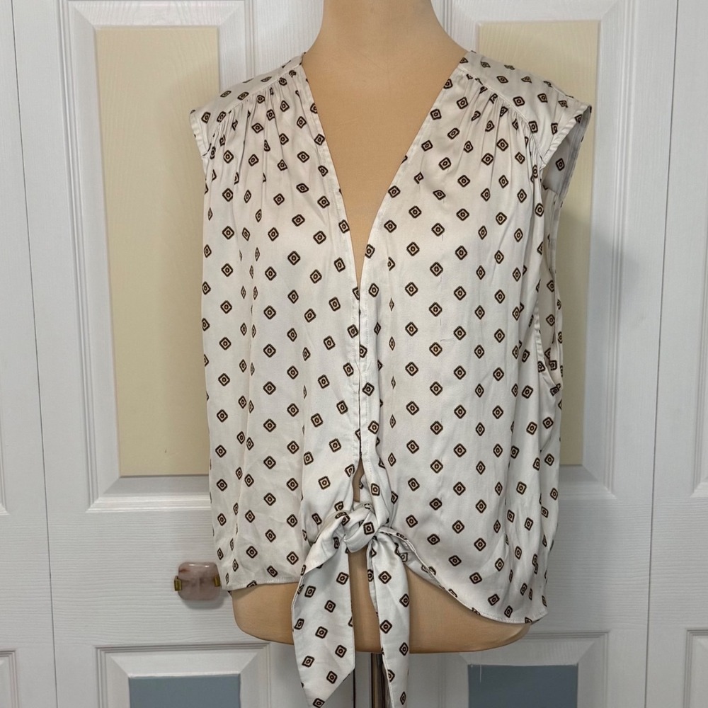 Free‎ People Women White Brown Geometric Diamond Tie Front V-Neck Blouse L
